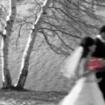 wedding couple walking in the park