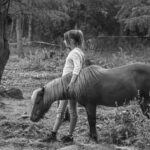 young girl petting a horse